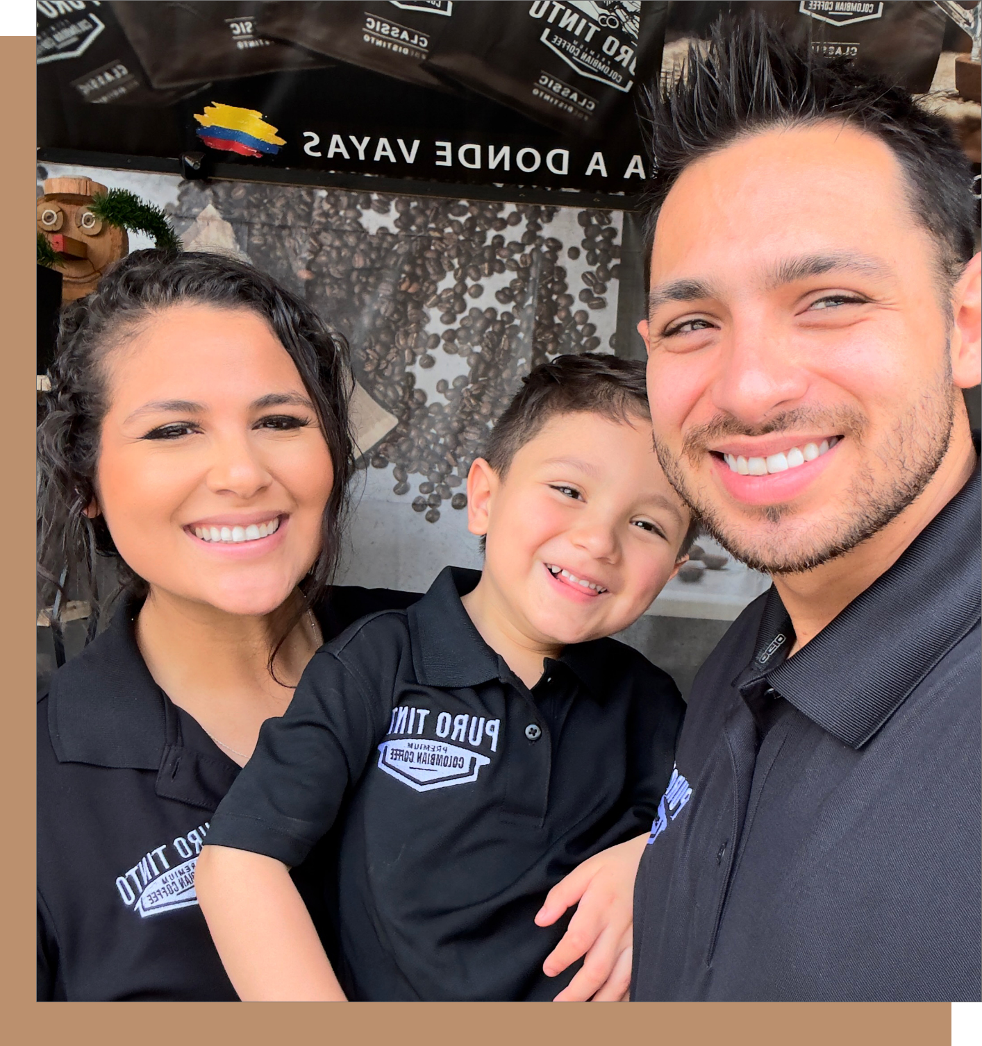 Puro Tinto family team proudly showcasing their Colombian coffee brand