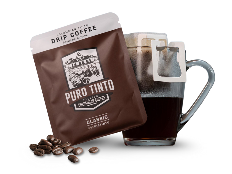 Puro Tinto Colombian Drip Coffee pouch and brewed coffee in a mug with filter