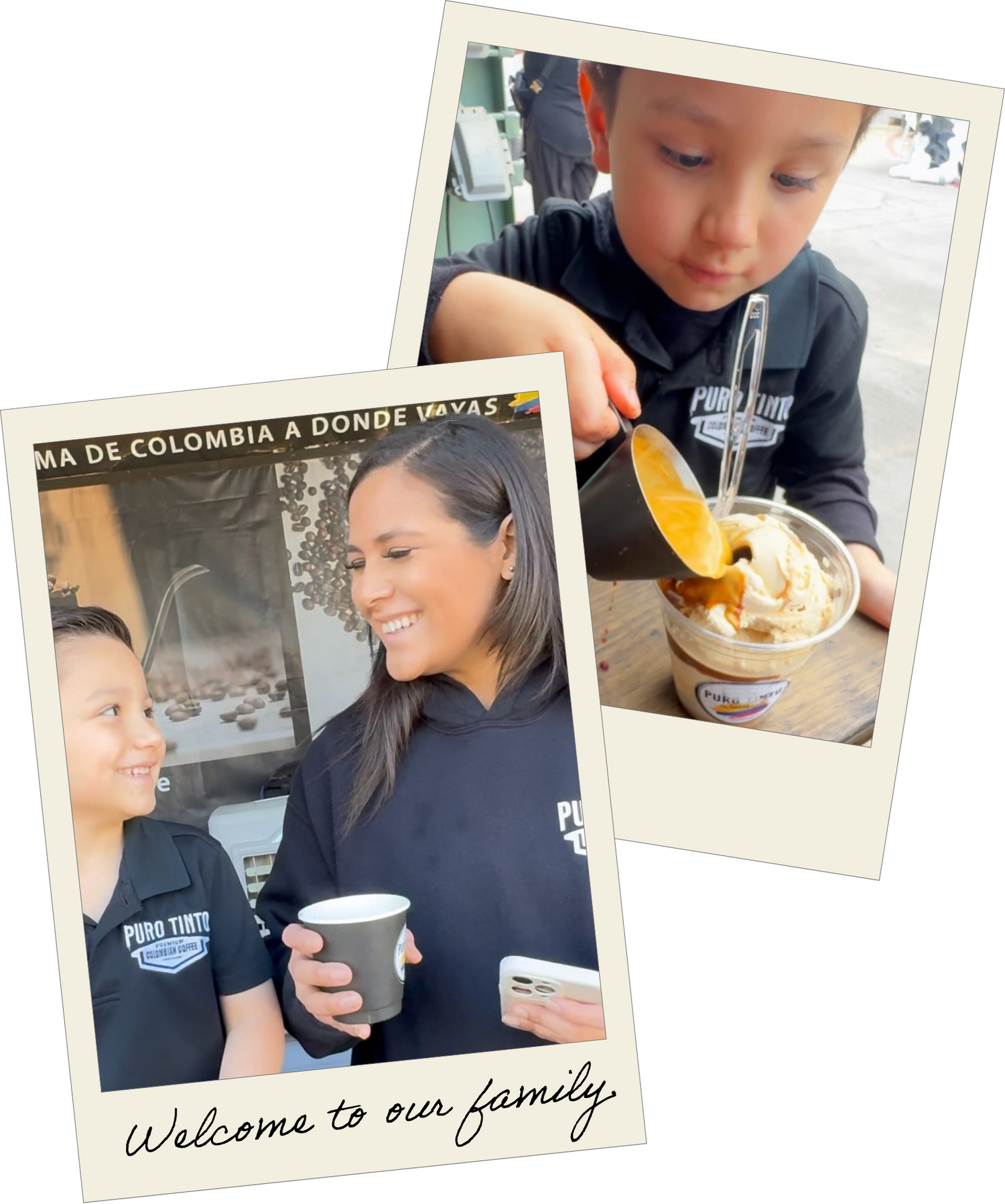 Puro Tinto Coffee's family team warmly welcomes guests, showing their child's playful involvement in making a specialty coffee drink